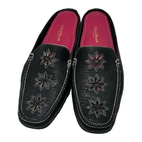 Cole Haan Womens 7.5 Black Pebbled Cut Out Leather Mules Slip On Driving Shoe - Picture 4 of 11
